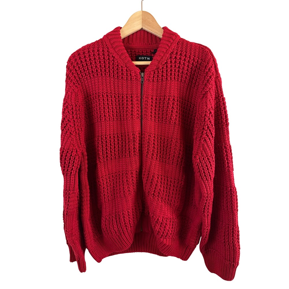 KOTN Grid Stitch Zip Sweater Men Size Medium Sunstar Red Full Zip Cotton Bomber
